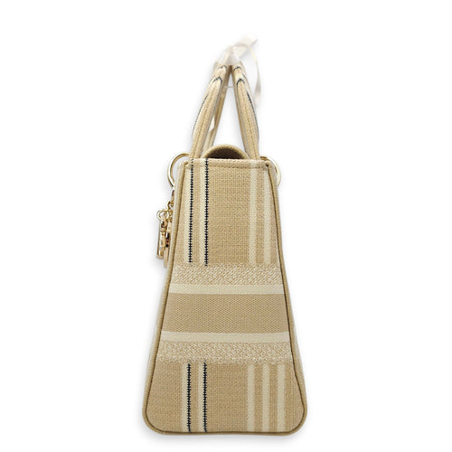 Lady Dior Medium Beige/White Shoulder Bag in Canvas, Gold hardware