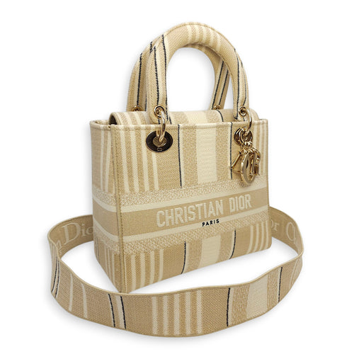 Lady Dior Medium Beige/White Shoulder Bag in Canvas, Gold hardware