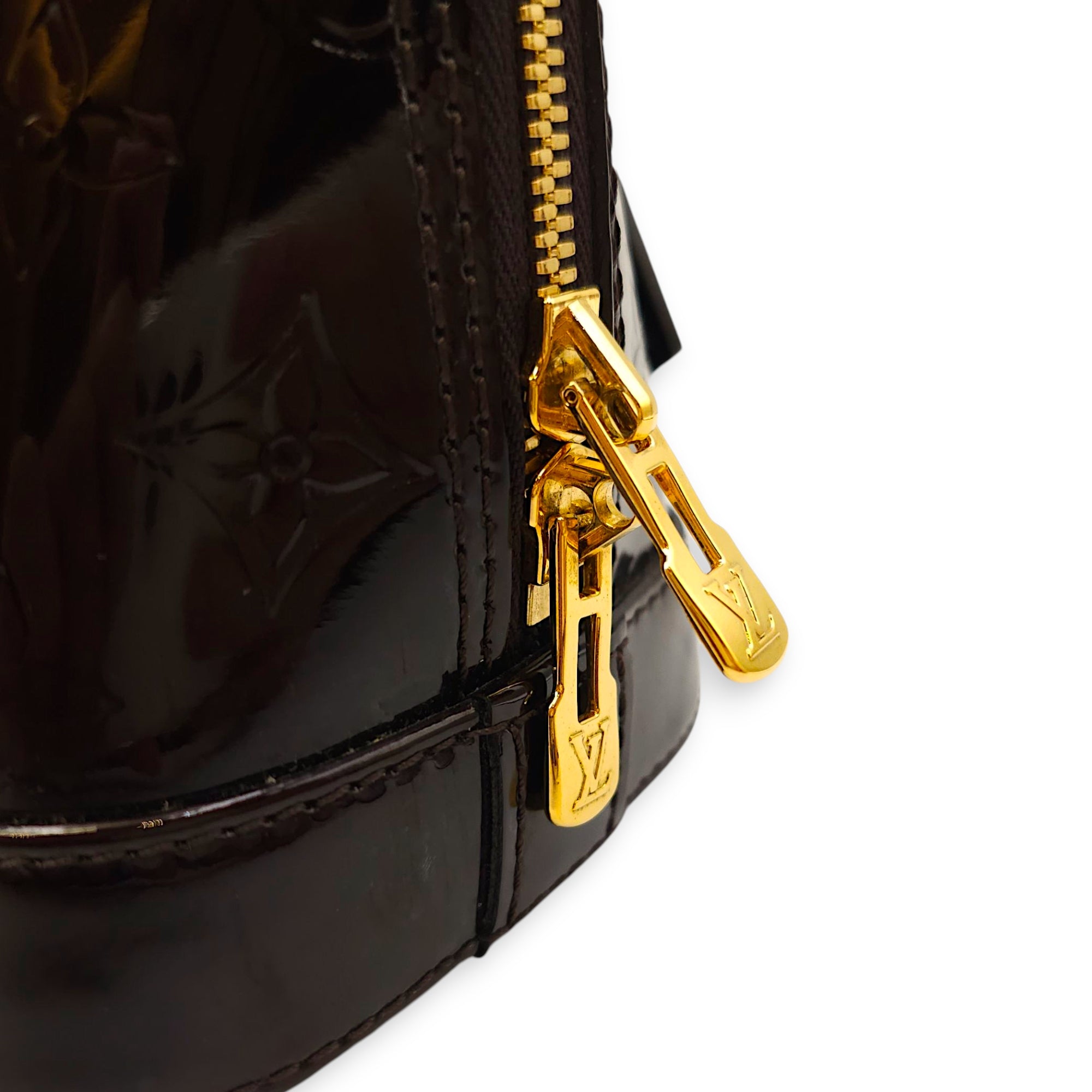 Alma BB Amarante Shoulder Bag in Monogram Vernis Leather, Gold hardware