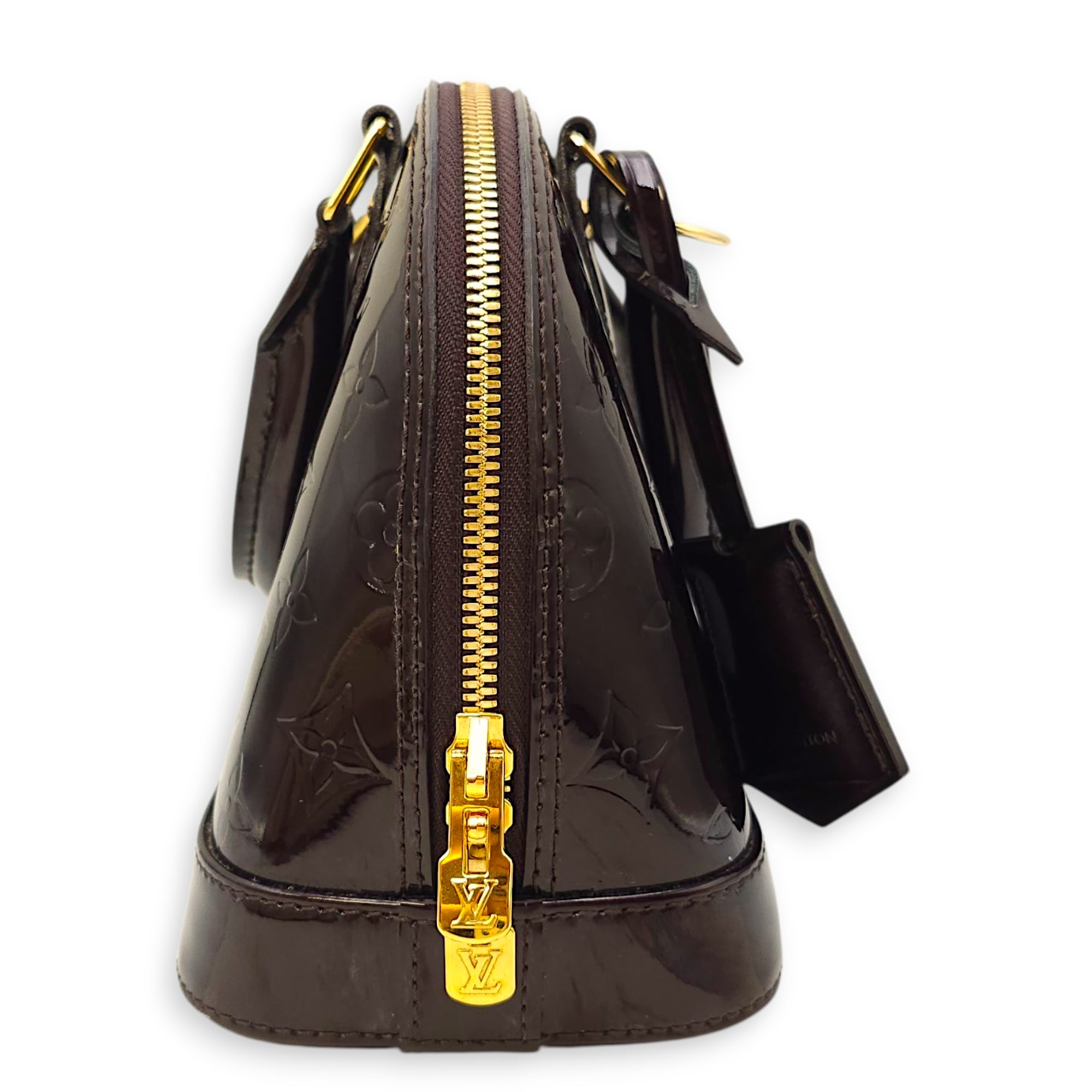 Alma BB Amarante Shoulder Bag in Monogram Vernis Leather, Gold hardware