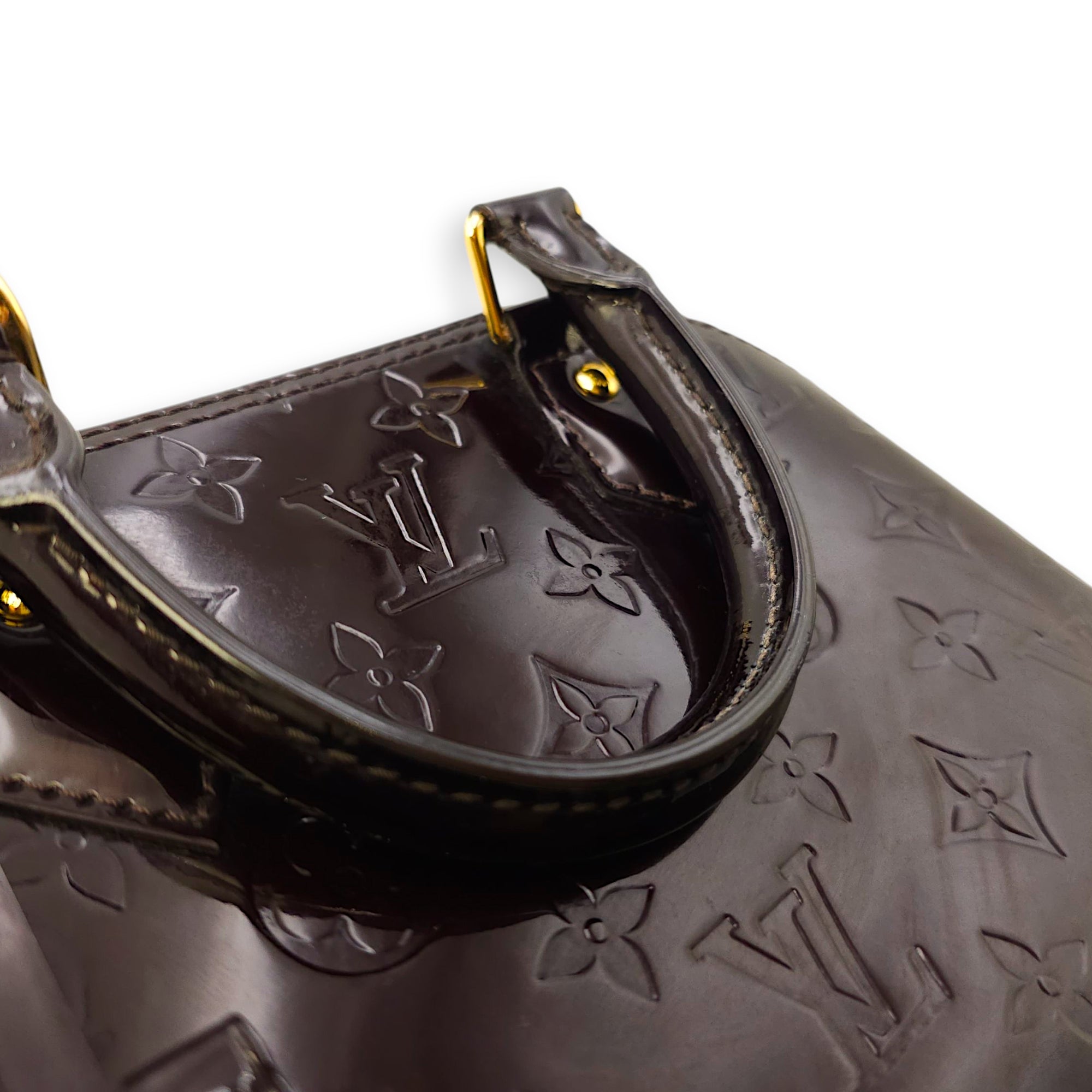 Alma BB Amarante Shoulder Bag in Monogram Vernis Leather, Gold hardware