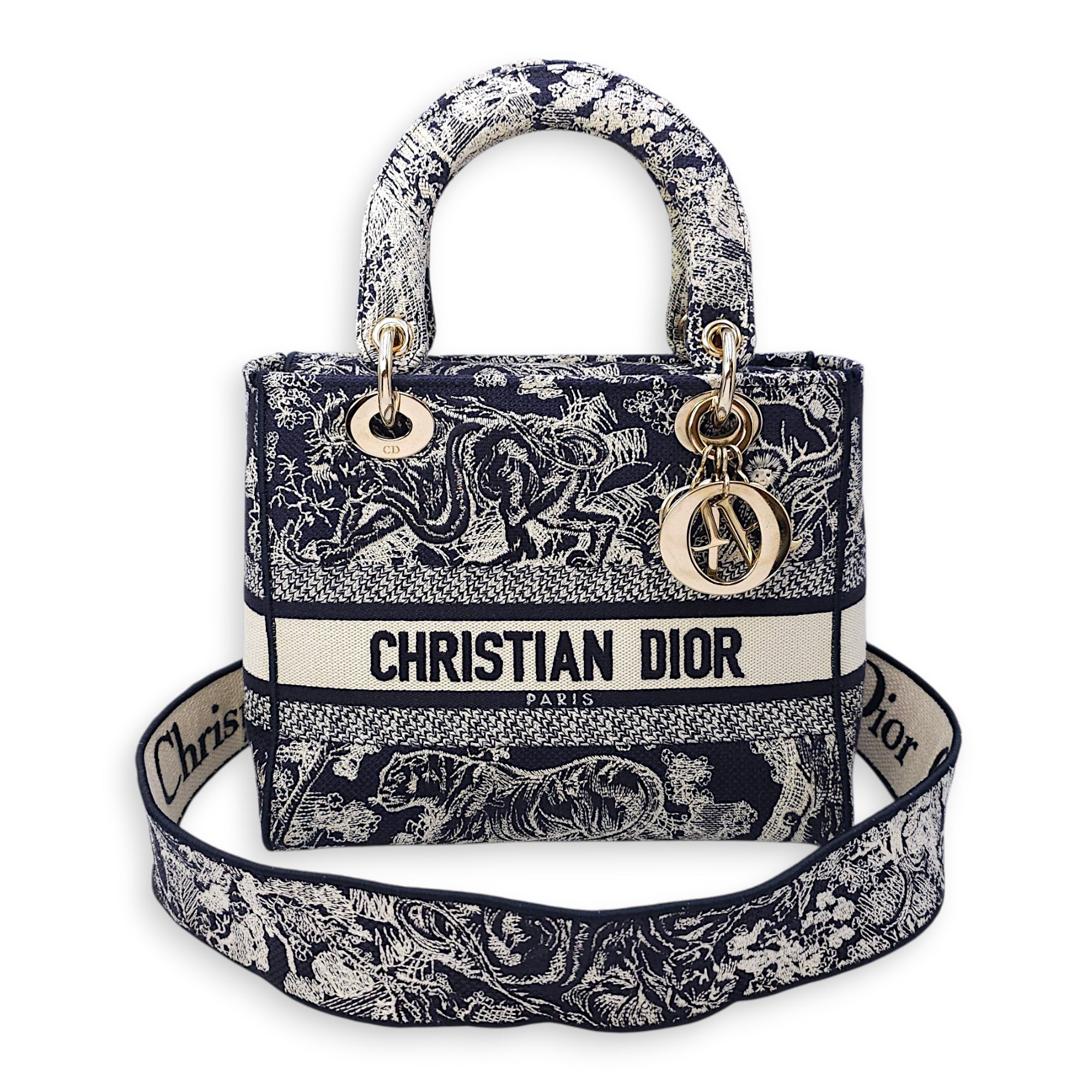 Lady Dior D- Lite Toile De Jouy Medium Blue Shoulder Bag in Canvas, Gold hardware