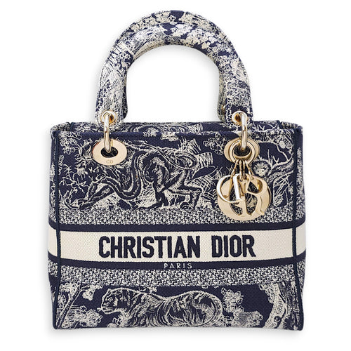 Lady Dior D- Lite Toile De Jouy Medium Blue Shoulder Bag in Canvas, Gold hardware