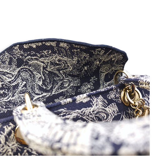 Lady Dior D- Lite Toile De Jouy Medium Blue Shoulder Bag in Canvas, Gold hardware