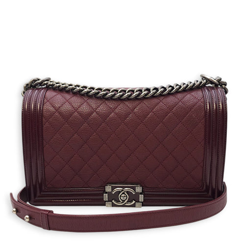 Le Boy Medium Deep Red Flap Bag in Caviar Leather, Ruthenium hardware