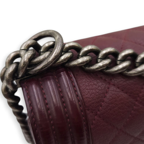 Le Boy Medium Deep Red Flap Bag in Caviar Leather, Ruthenium hardware