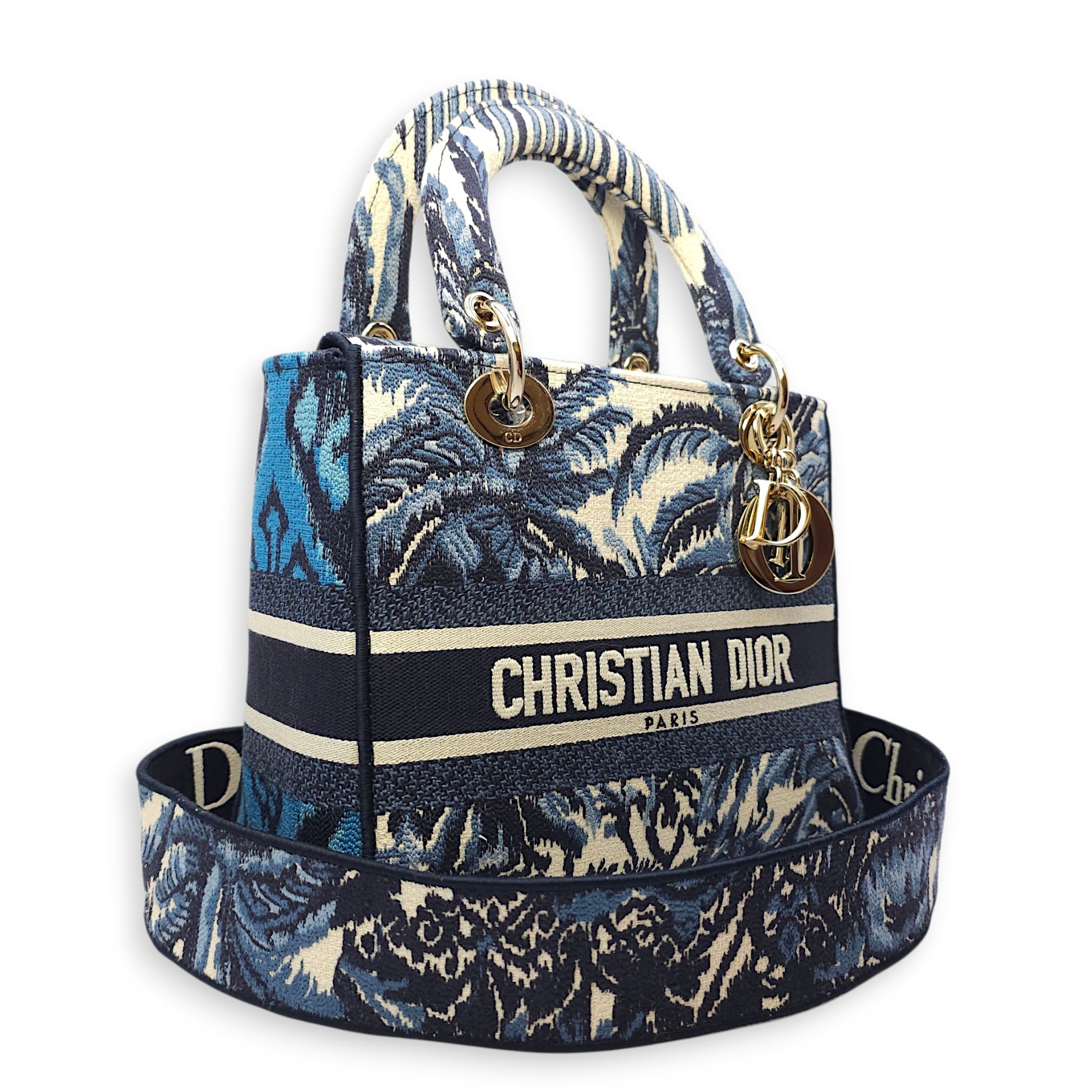 Lady Dior Medium Blue Shoulder Bag in Canvas, Gold hardware