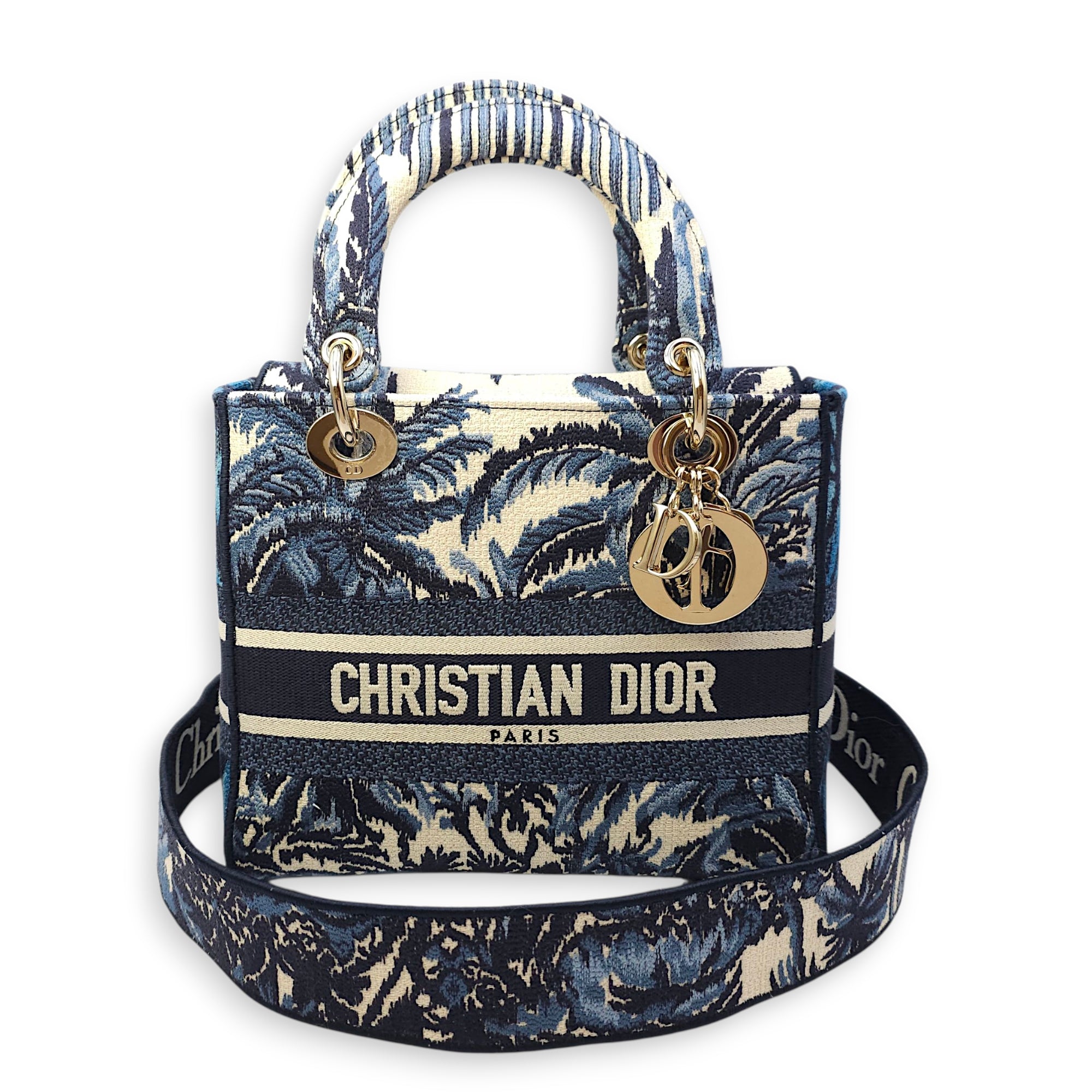 Lady Dior Medium Blue Shoulder Bag in Canvas, Gold hardware