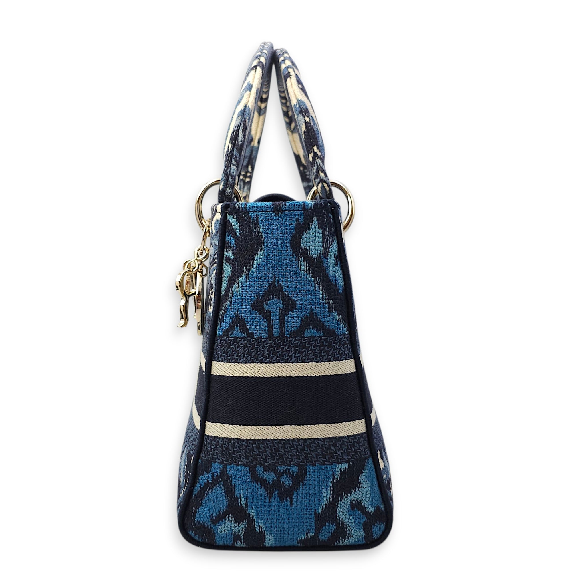Lady Dior Medium Blue Shoulder Bag in Canvas, Gold hardware