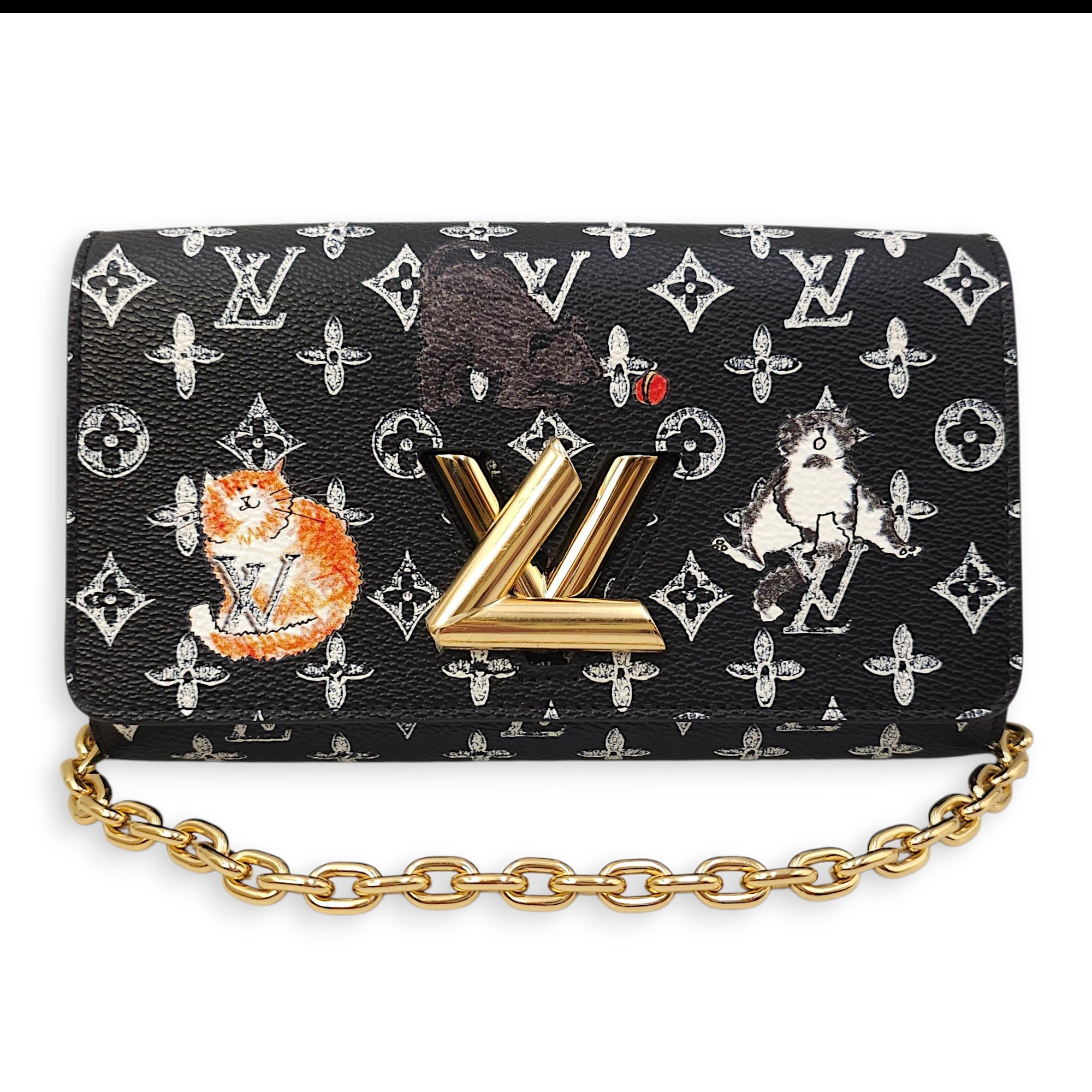 Monogram Catogram Portefeuille Twist Black Wallet on Chain, Gold hardware