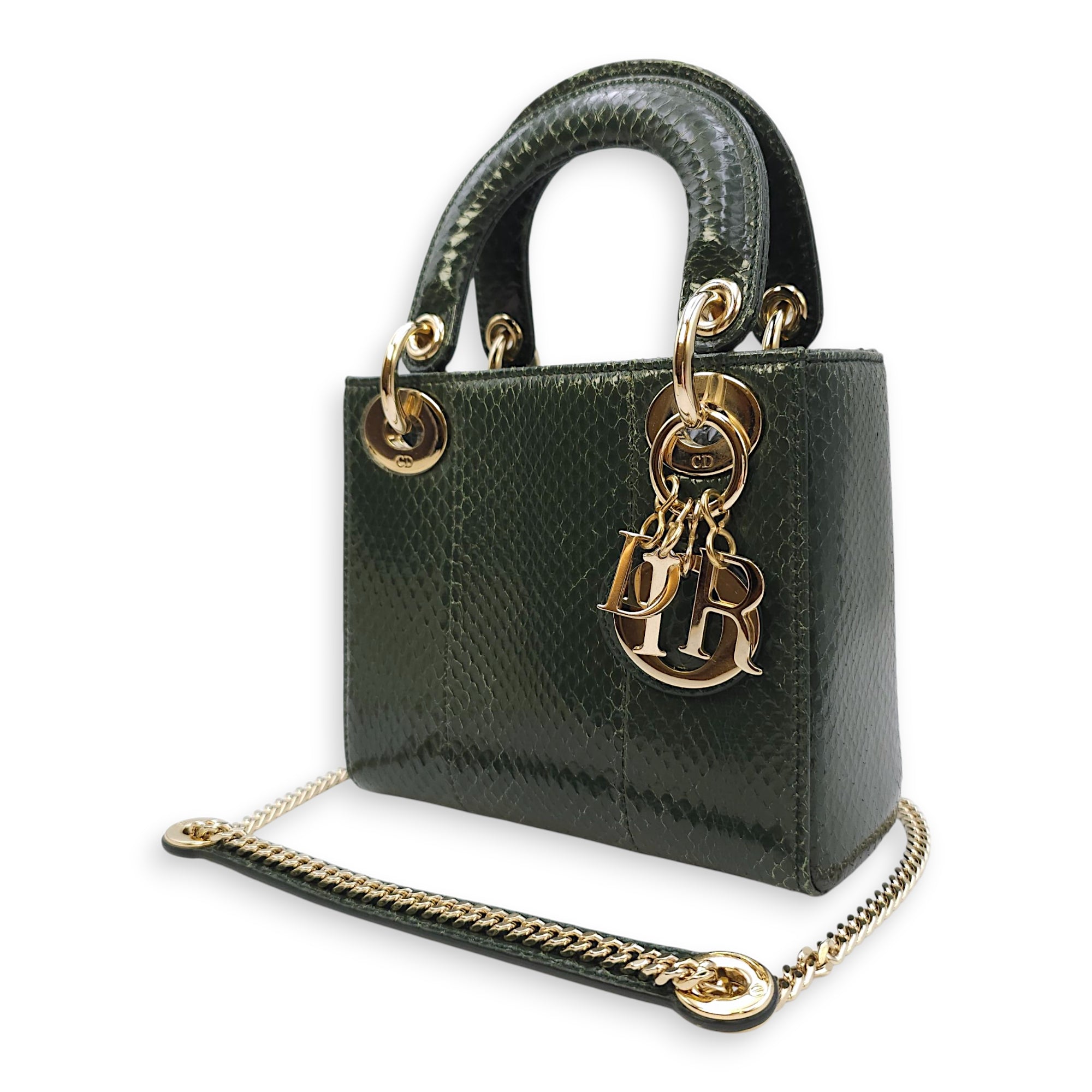 Lady Dior Mini Green Crossbody Bag in Python, Gold hardware