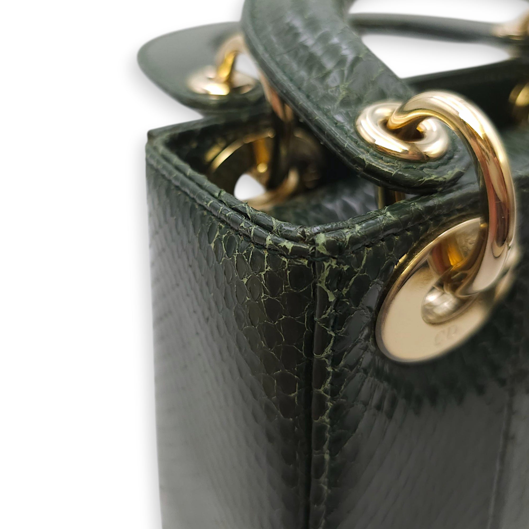 Lady Dior Mini Green Crossbody Bag in Python, Gold hardware
