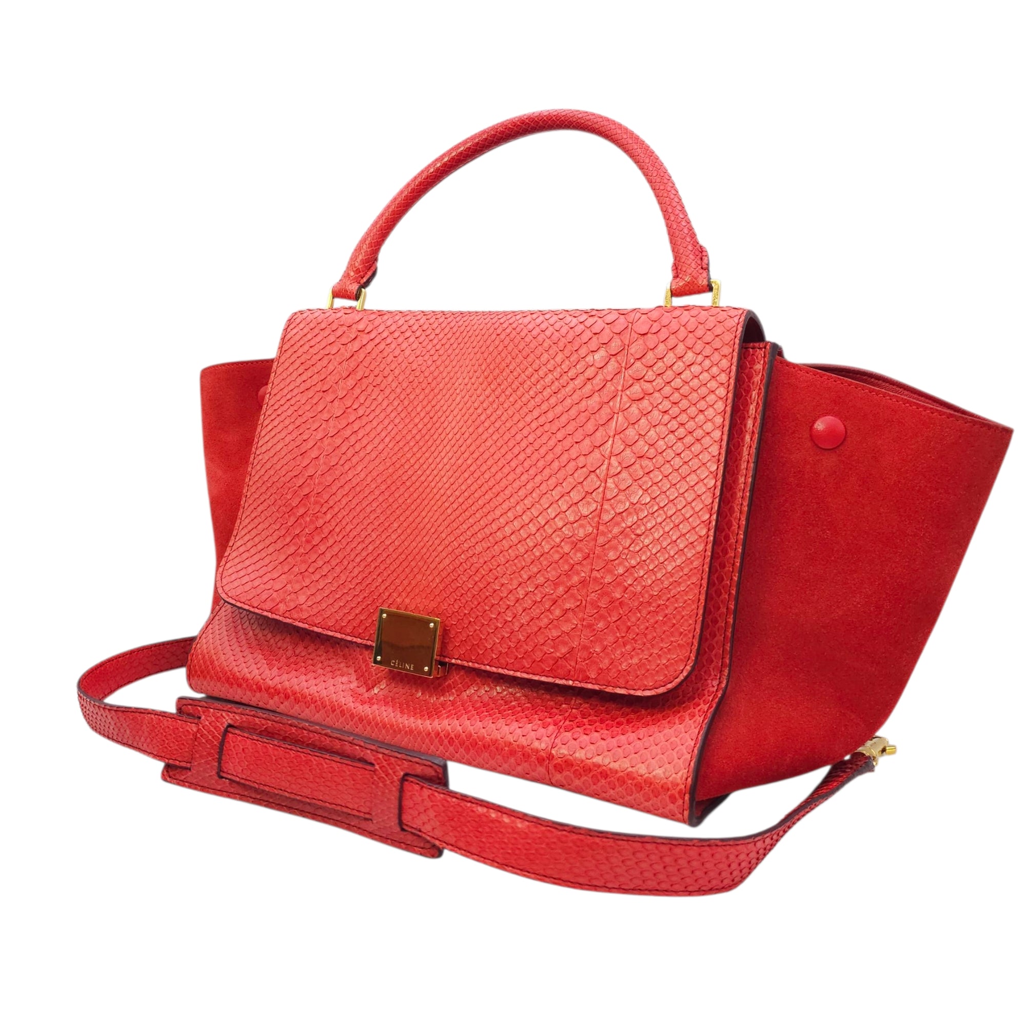 Trapeze Large Red Shoulder Bag in Python, Gold hardware