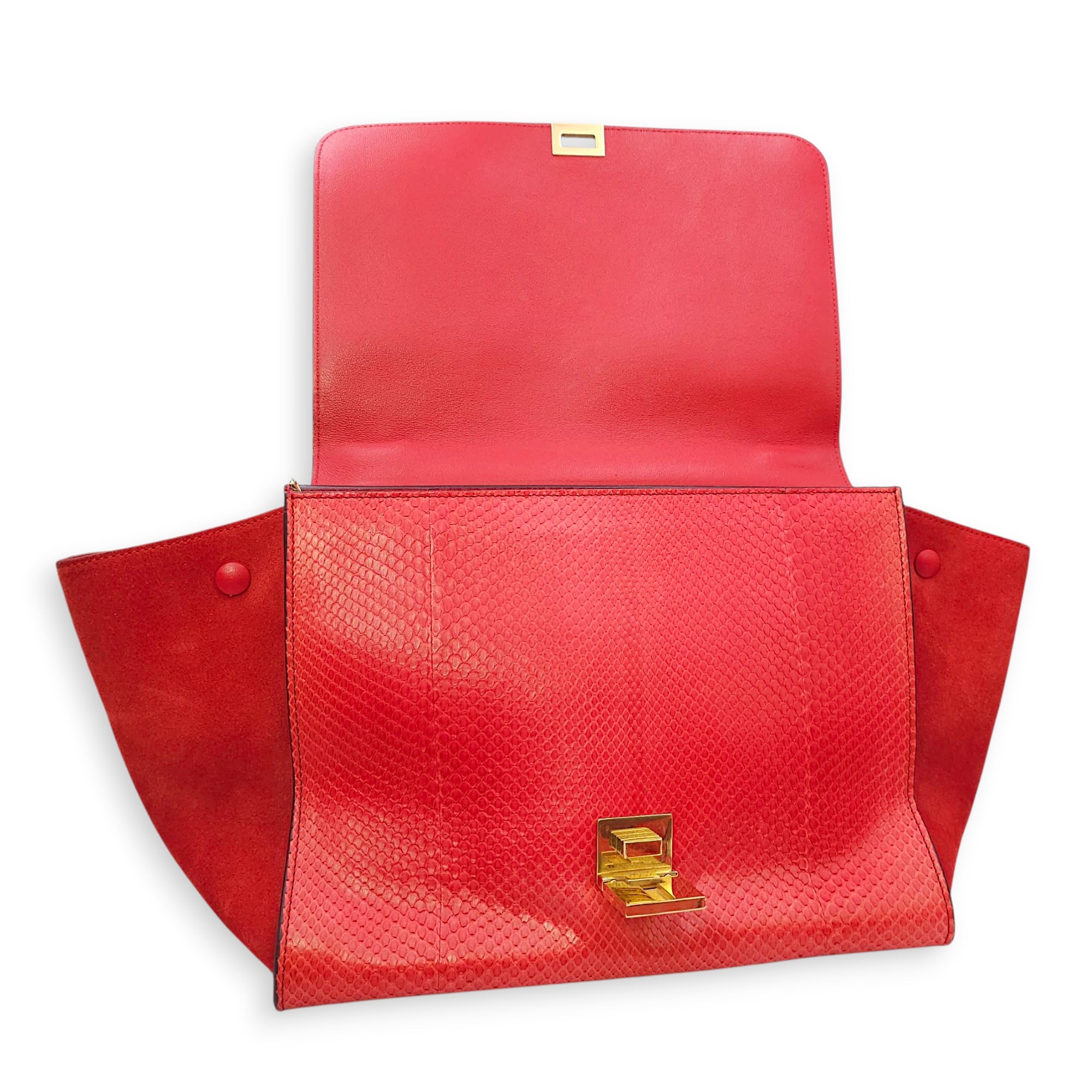 Trapeze Large Red Shoulder Bag in Python, Gold hardware