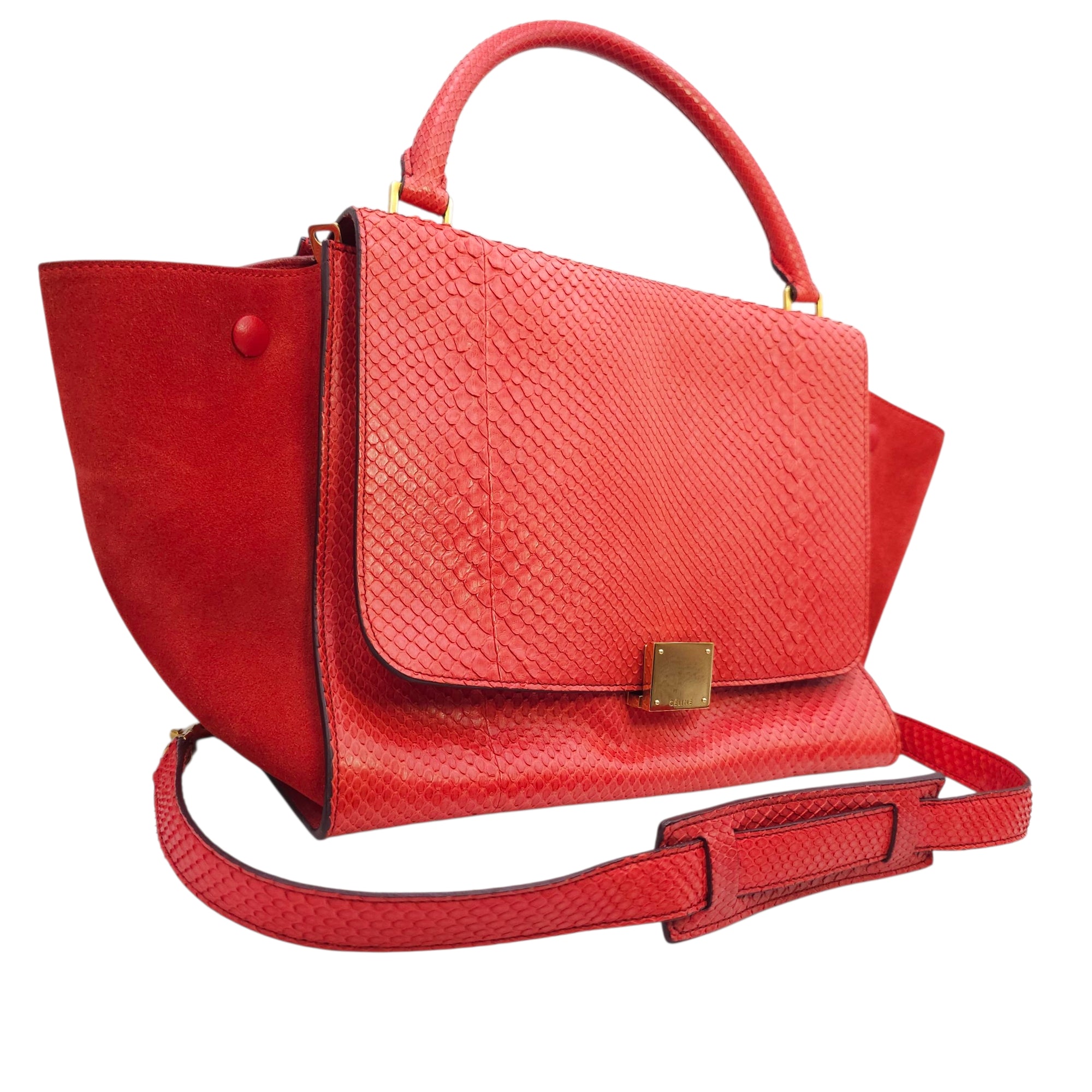 Trapeze Large Red Shoulder Bag in Python, Gold hardware