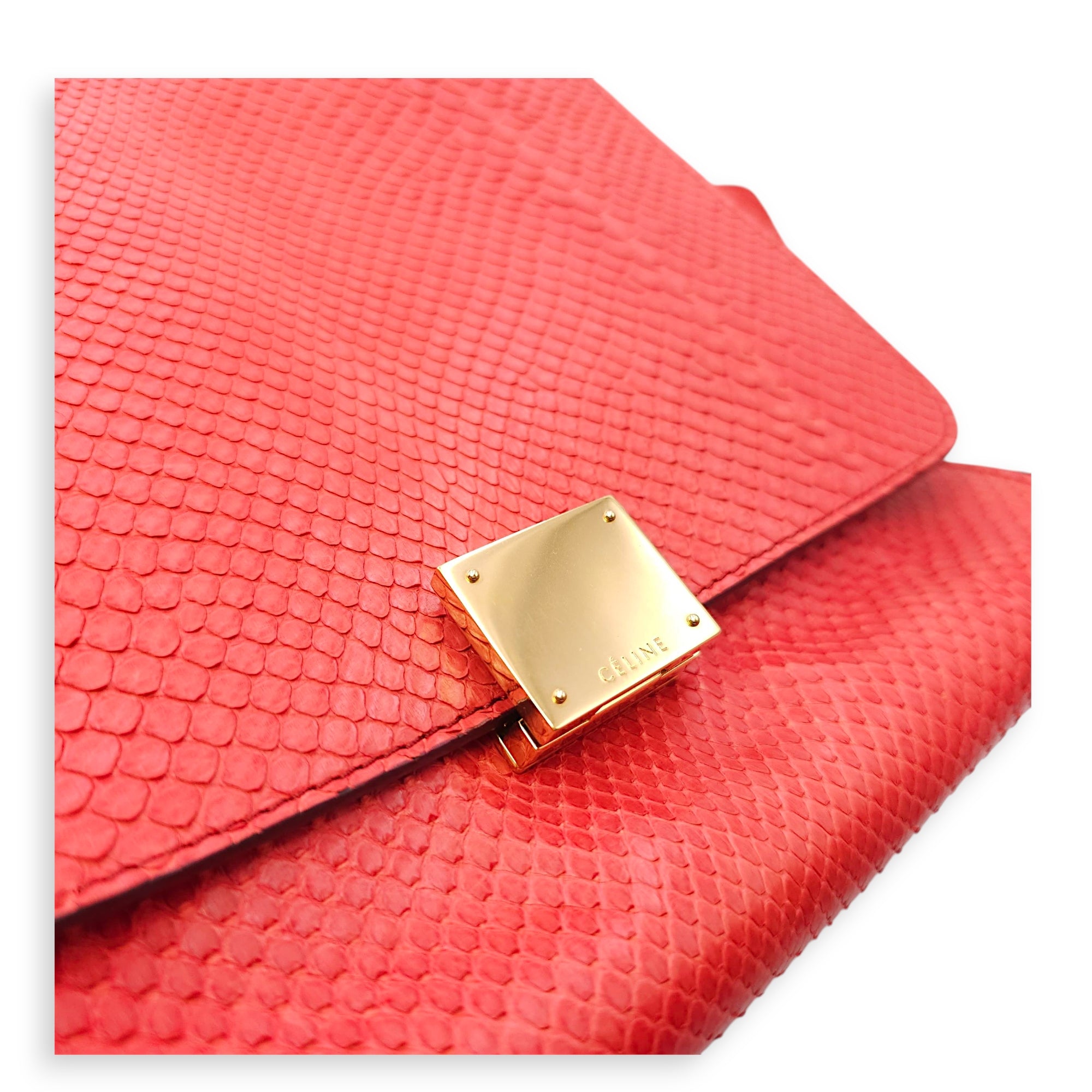 Trapeze Large Red Shoulder Bag in Python, Gold hardware