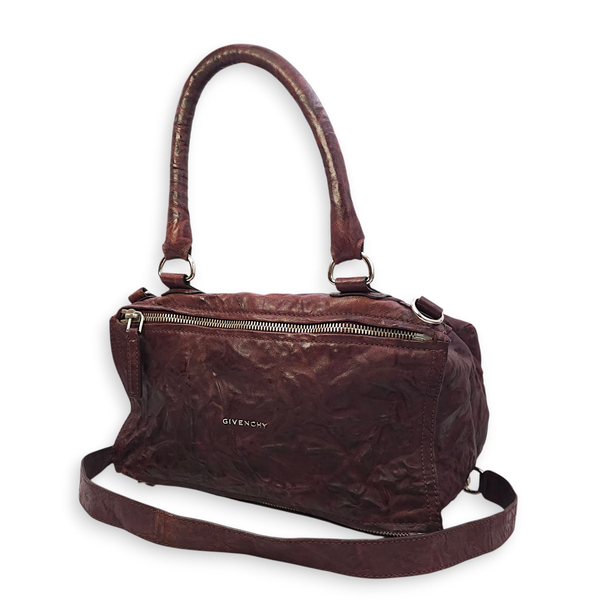Pandora 30cm Maroon Shoulder Bag in Calfskin, Silver hardware