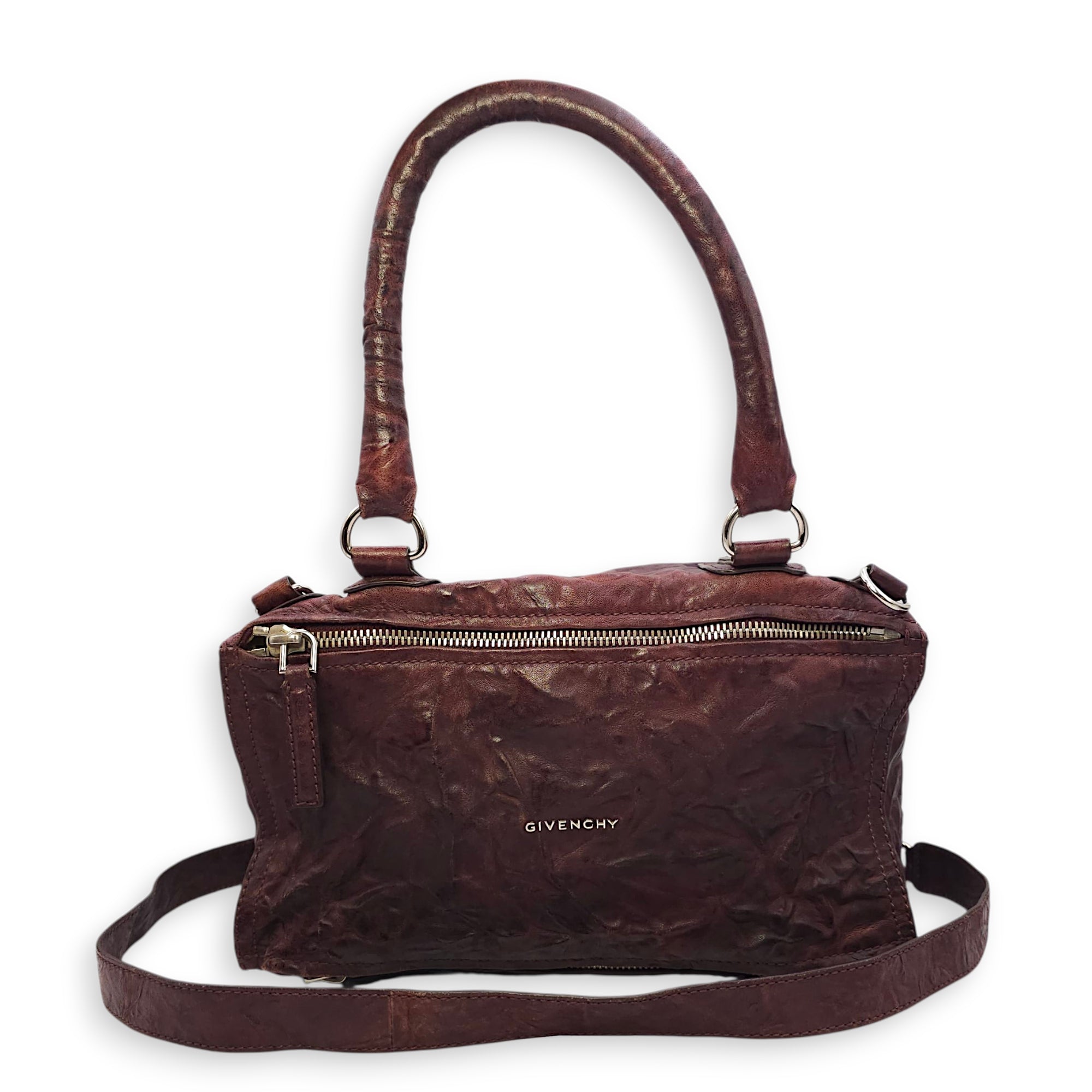 Pandora 30cm Maroon Shoulder Bag in Calfskin, Silver hardware