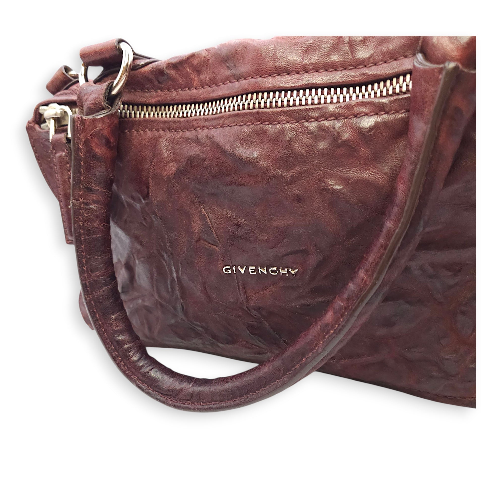 Pandora 30cm Maroon Shoulder Bag in Calfskin, Silver hardware