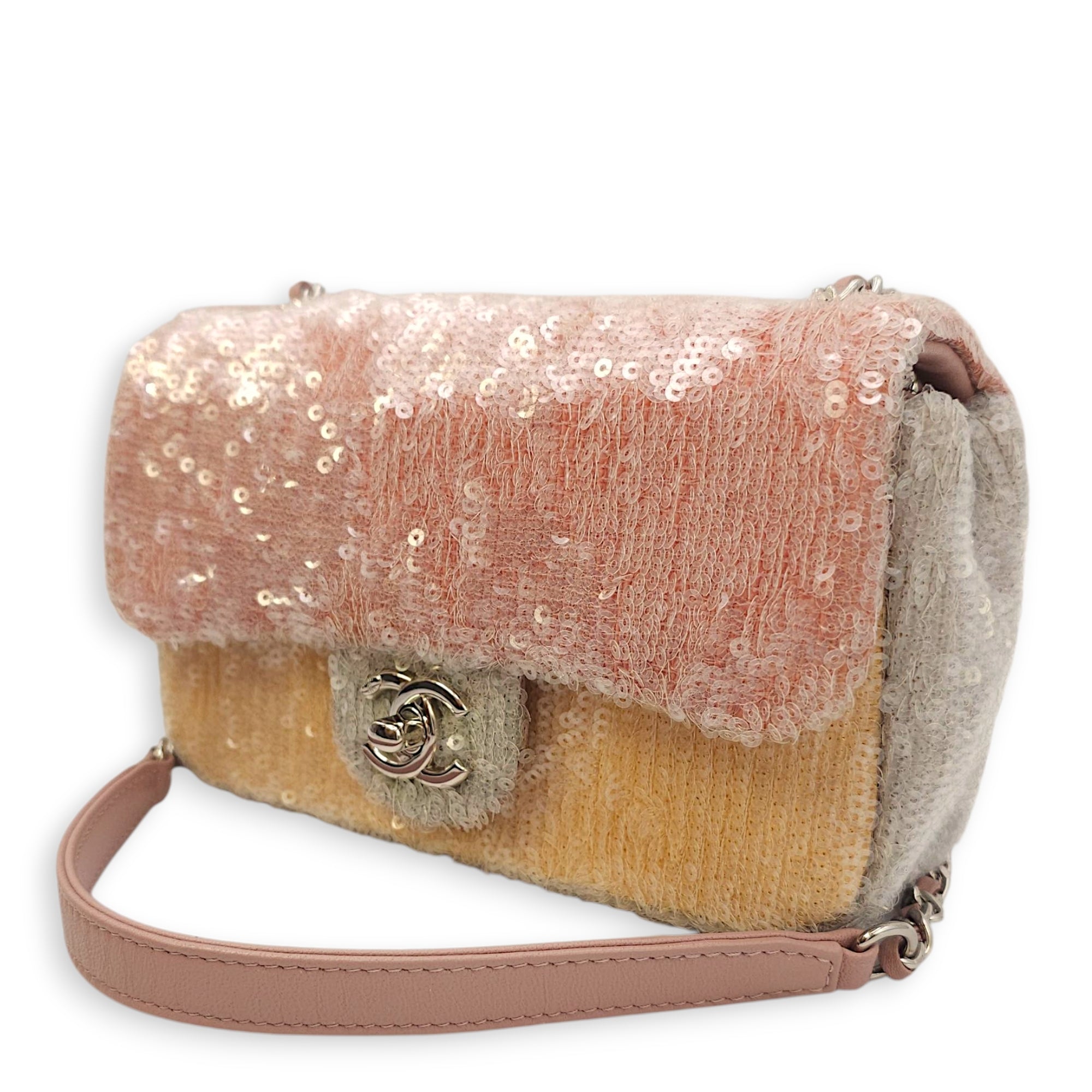 18S Waterfall Flap Mini Pink/Grey/Yellow Crossbody Bag in Sequins, Silver hardware