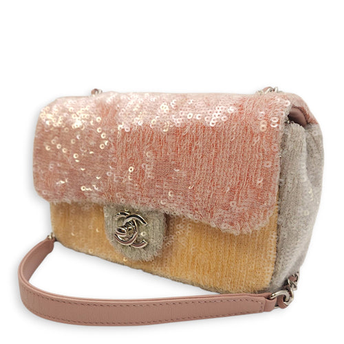 18S Waterfall Flap Mini Pink/Grey/Yellow Crossbody Bag in Sequins, Silver hardware