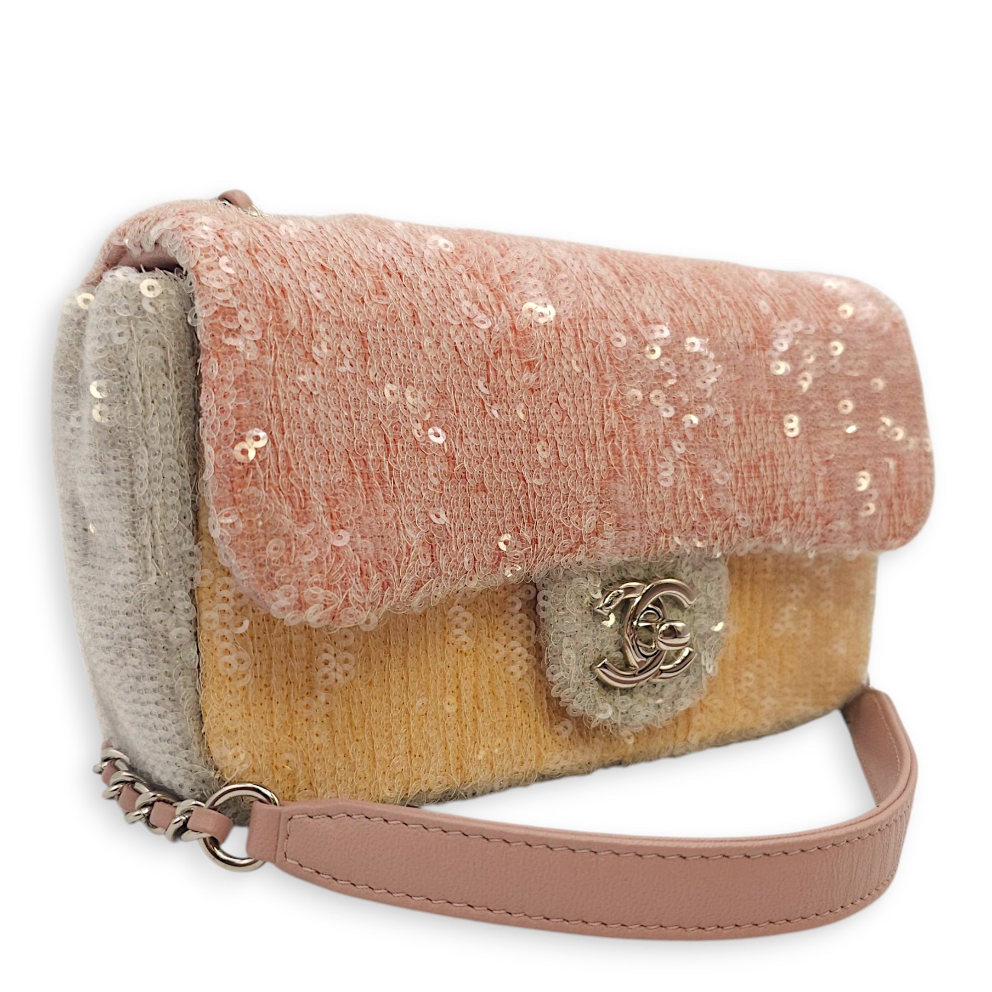 18S Waterfall Flap Mini Pink/Grey/Yellow Crossbody Bag in Sequins, Silver hardware