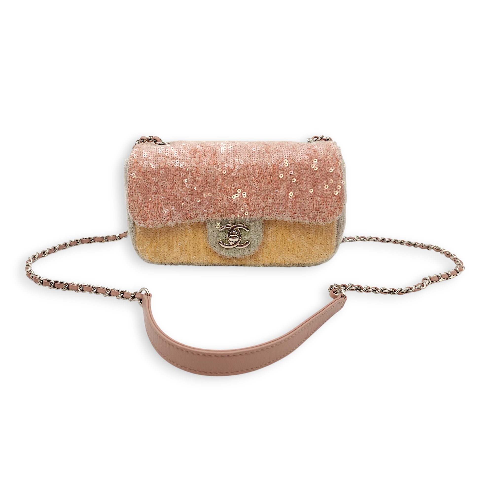 18S Waterfall Flap Mini Pink/Grey/Yellow Crossbody Bag in Sequins, Silver hardware