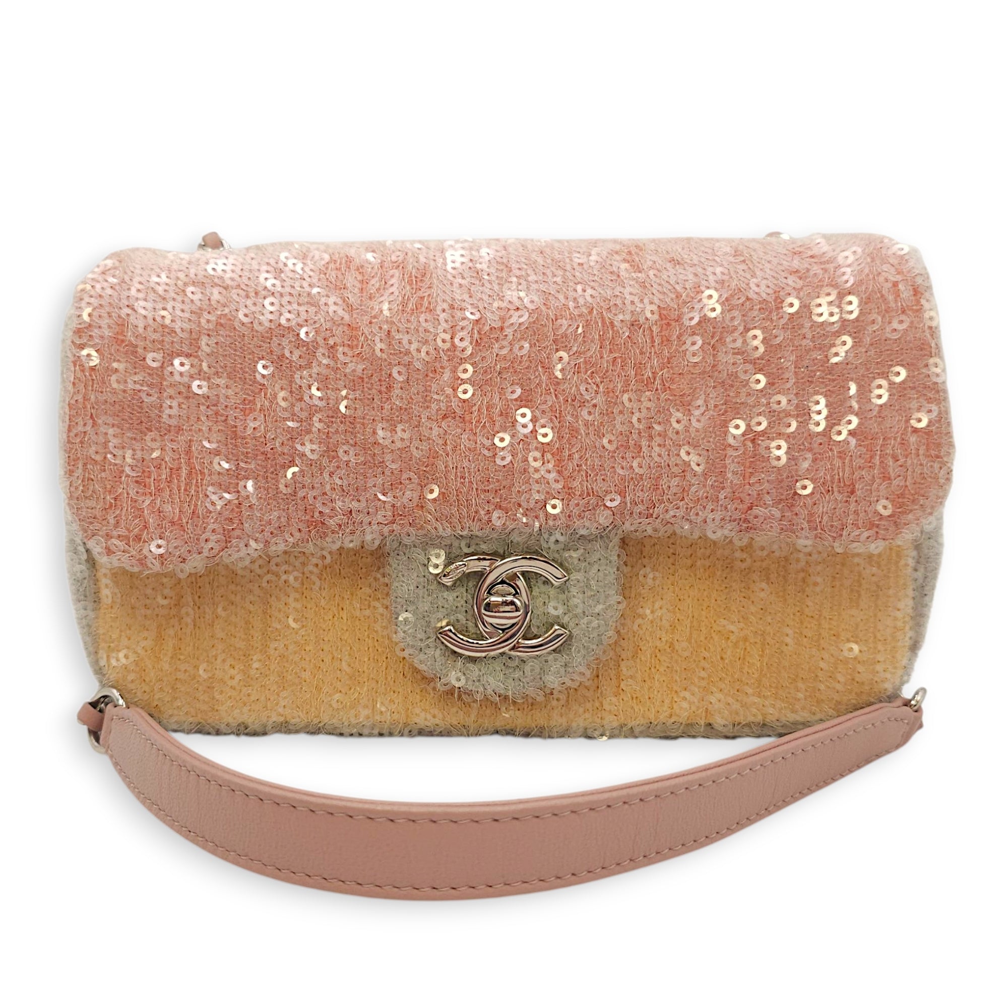 18S Waterfall Flap Mini Pink/Grey/Yellow Crossbody Bag in Sequins, Silver hardware