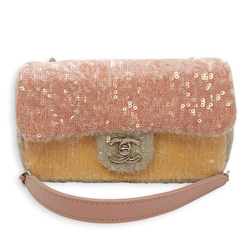 18S Waterfall Flap Mini Pink/Grey/Yellow Crossbody Bag in Sequins, Silver hardware