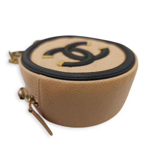 Quilted CC Filigree Round Brown Crossbody in Caviar Leather, Gold hardware