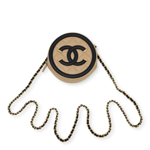 Quilted CC Filigree Round Brown Crossbody in Caviar Leather, Gold hardware