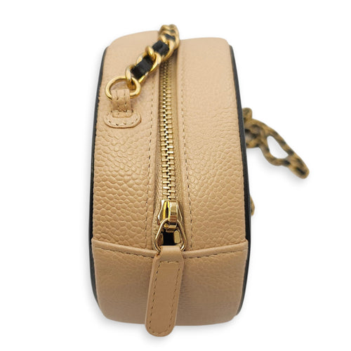 Quilted CC Filigree Round Brown Crossbody in Caviar Leather, Gold hardware
