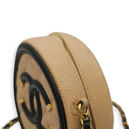 Quilted CC Filigree Round Brown Crossbody in Caviar Leather, Gold hardware