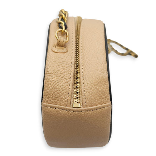 Quilted CC Filigree Round Brown Crossbody in Caviar Leather, Gold hardware