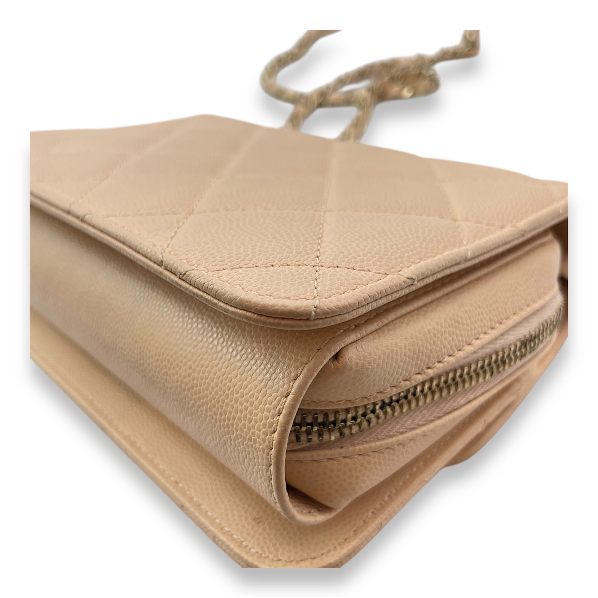 Quilted Mini Beige Crossbody Bag in Caviar Leather, Gold hardware