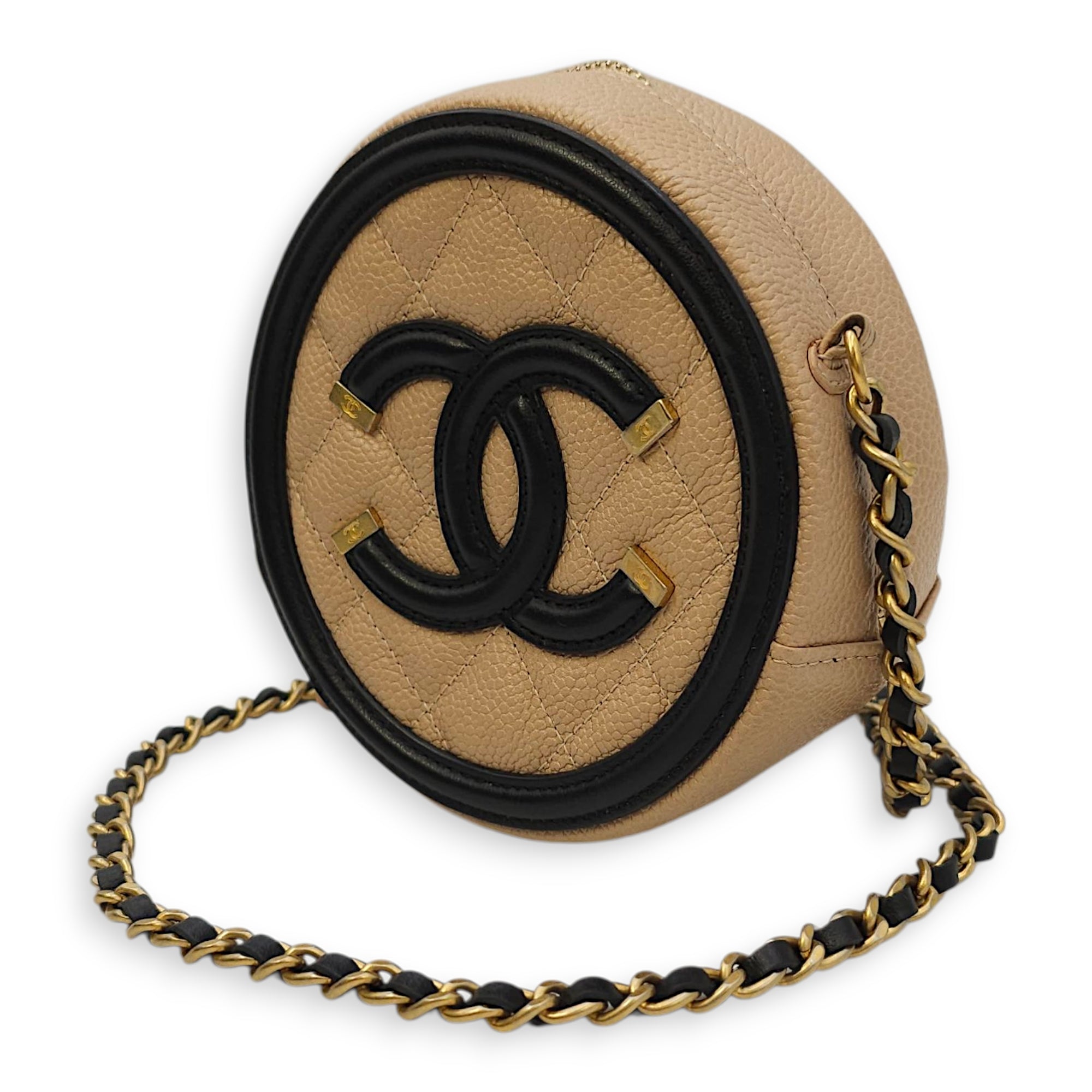 Quilted CC Filigree Round Brown Crossbody in Caviar Leather, Gold hardware