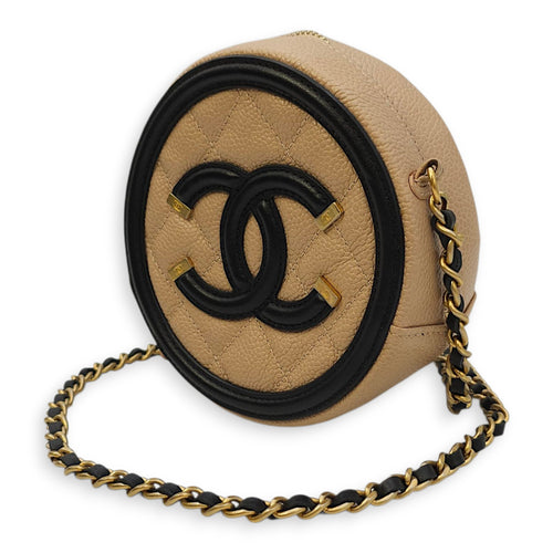 Quilted CC Filigree Round Brown Crossbody in Caviar Leather, Gold hardware