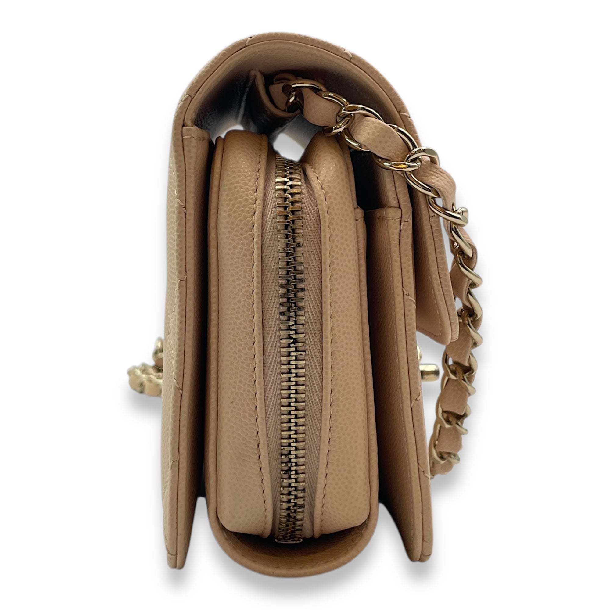 Quilted Mini Beige Crossbody Bag in Caviar Leather, Gold hardware