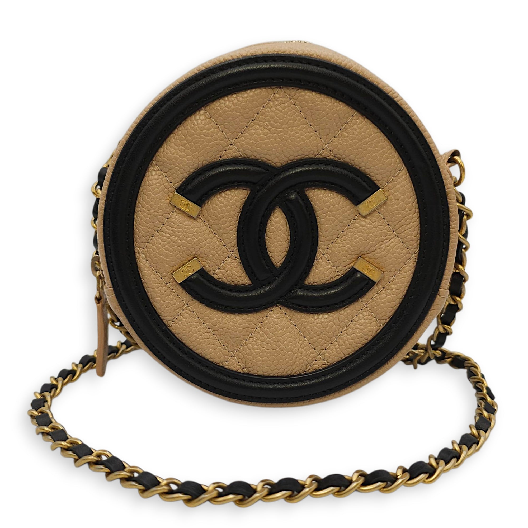 Quilted CC Filigree Round Brown Crossbody in Caviar Leather, Gold hardware