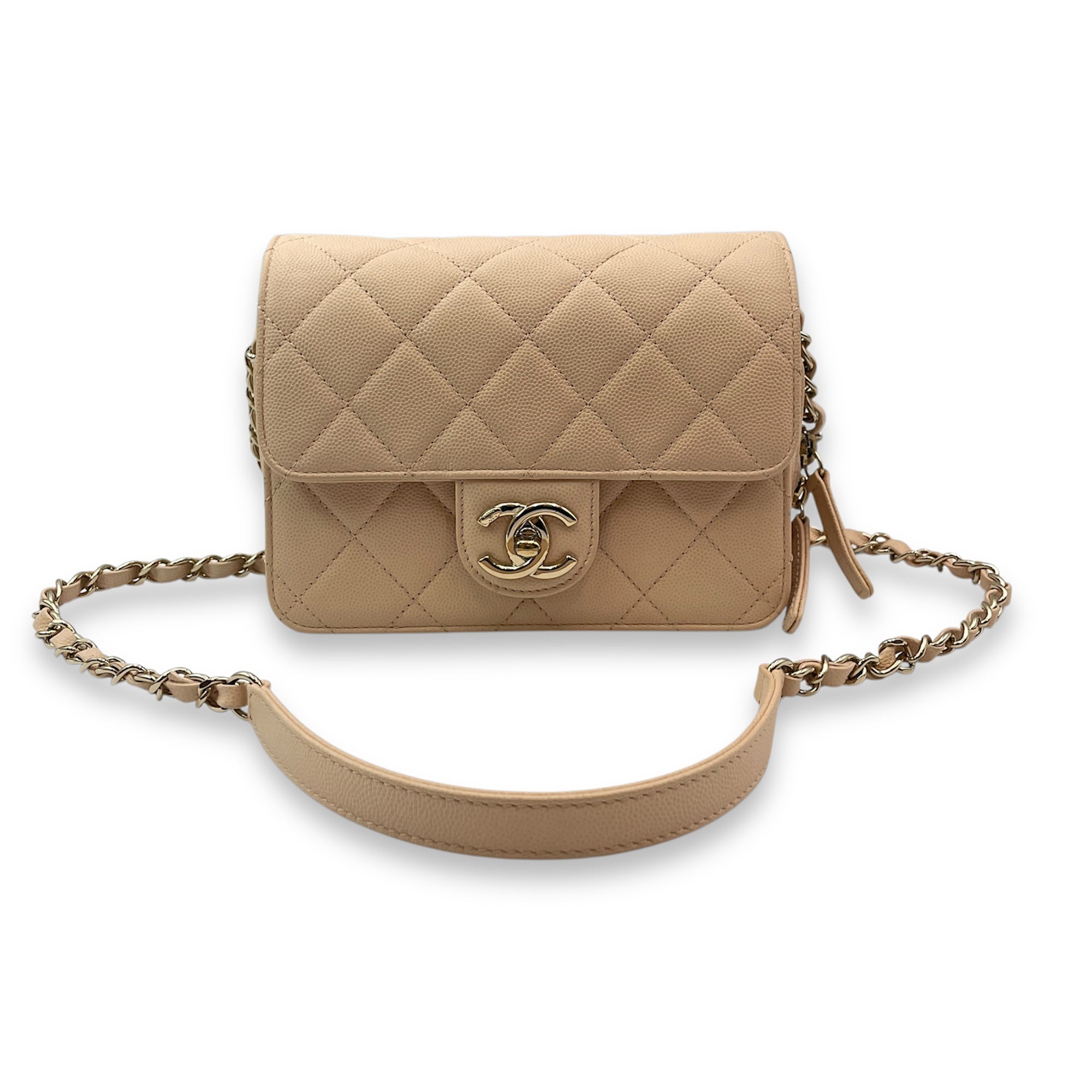 Quilted Mini Beige Crossbody Bag in Caviar Leather, Gold hardware