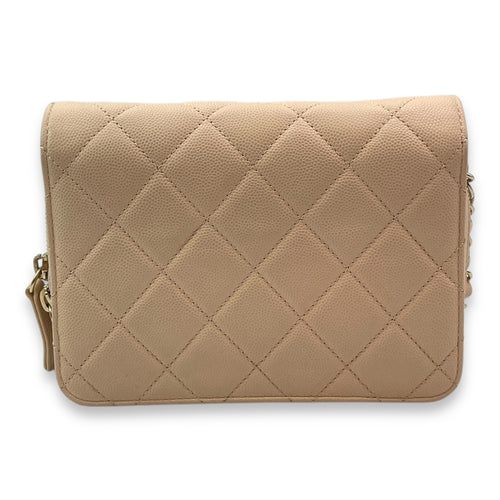 Quilted Mini Beige Crossbody Bag in Caviar Leather, Gold hardware