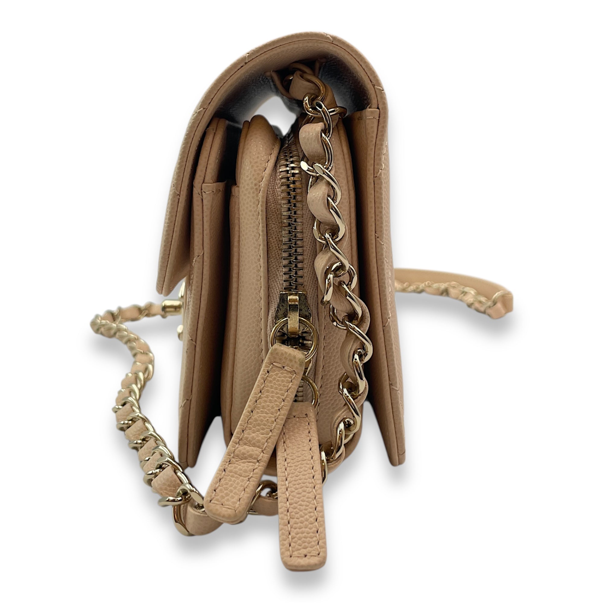 Quilted Mini Beige Crossbody Bag in Caviar Leather, Gold hardware