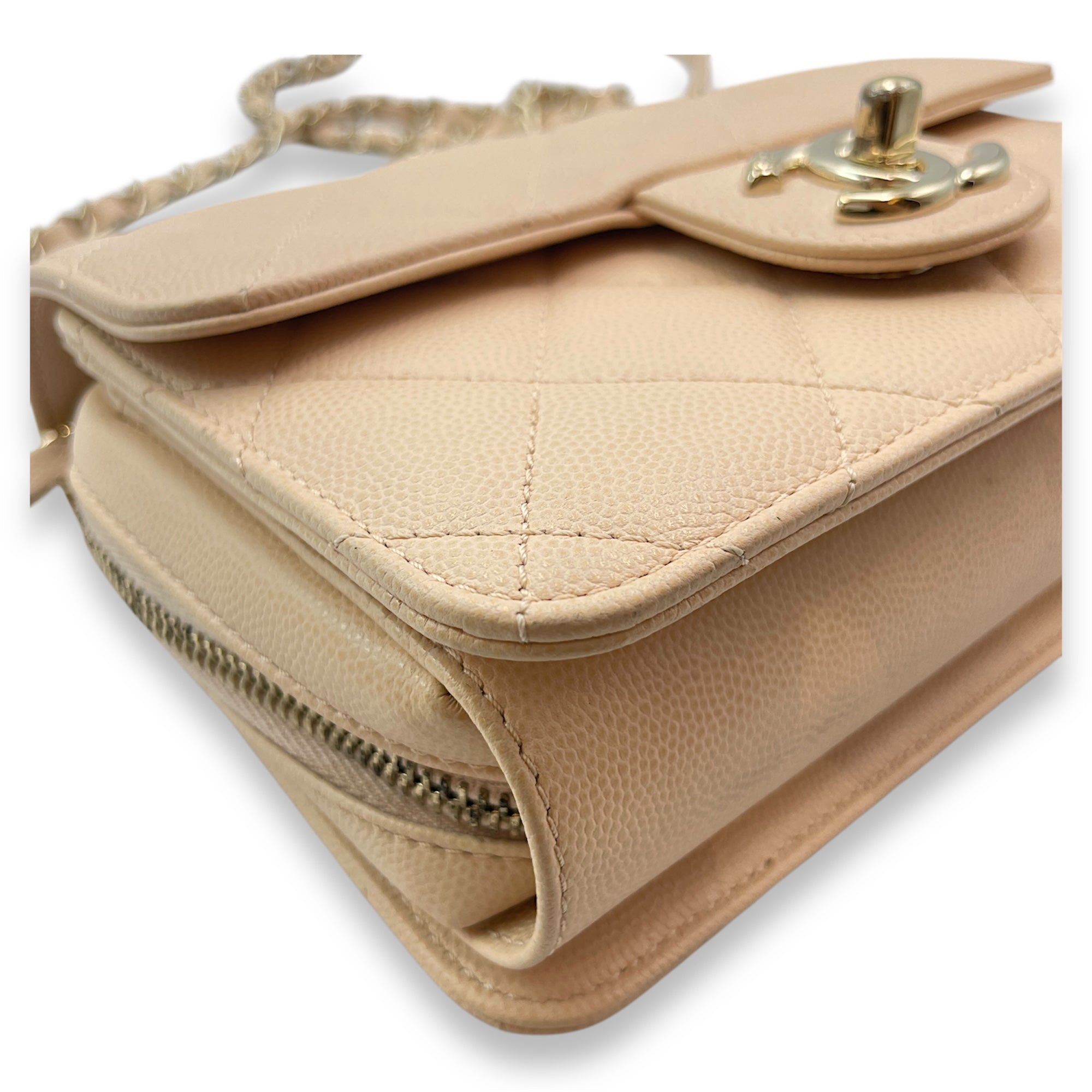 Quilted Mini Beige Crossbody Bag in Caviar Leather, Gold hardware