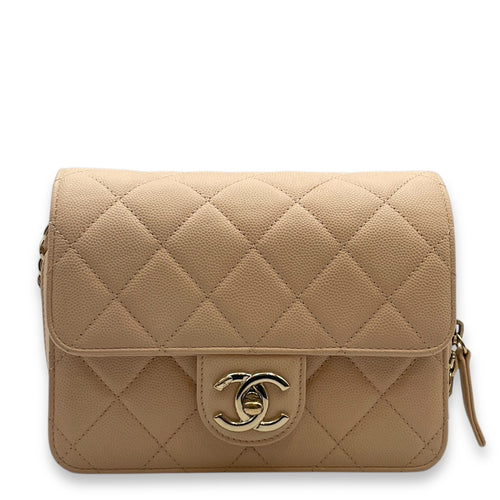 Quilted Mini Beige Crossbody Bag in Caviar Leather, Gold hardware