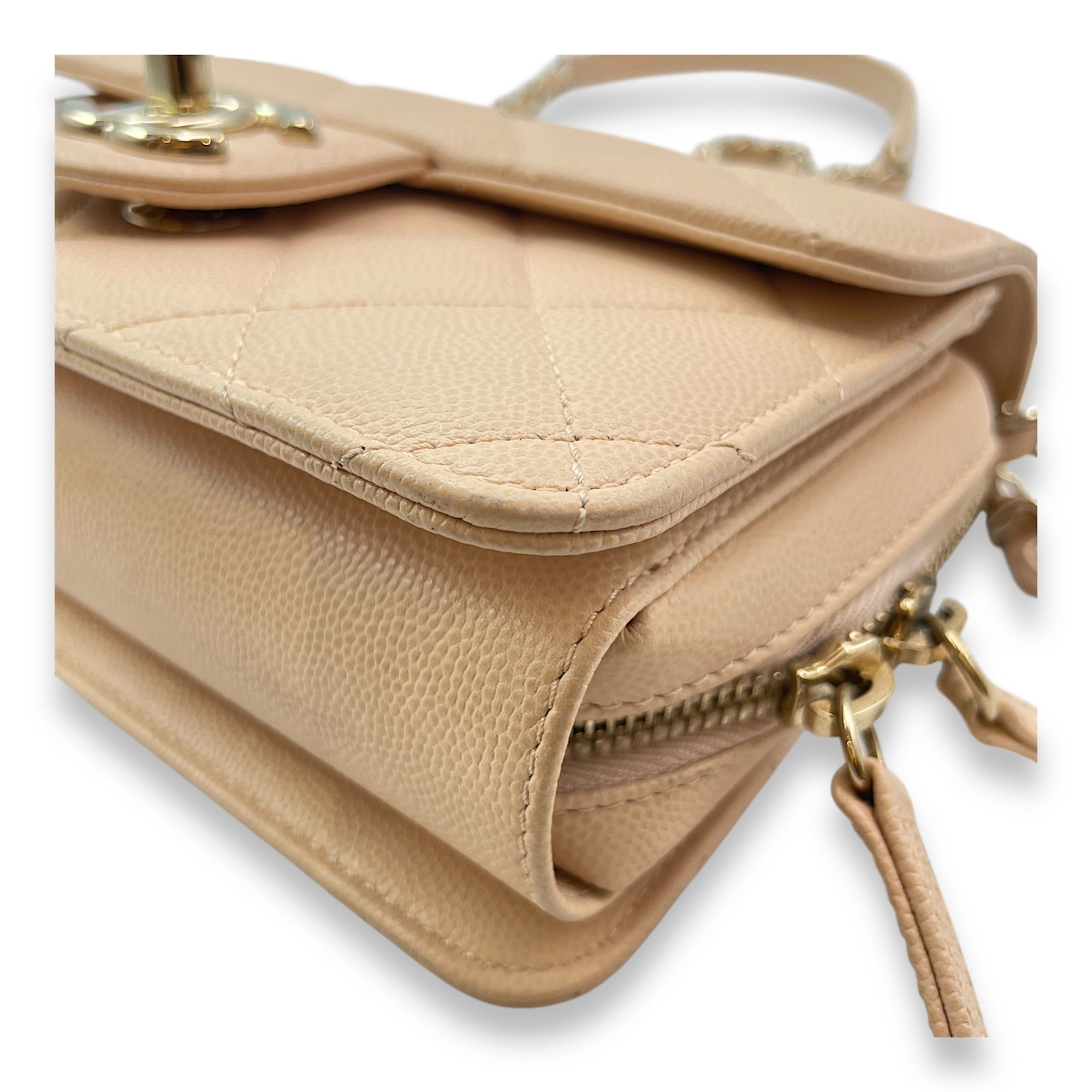 Quilted Mini Beige Crossbody Bag in Caviar Leather, Gold hardware