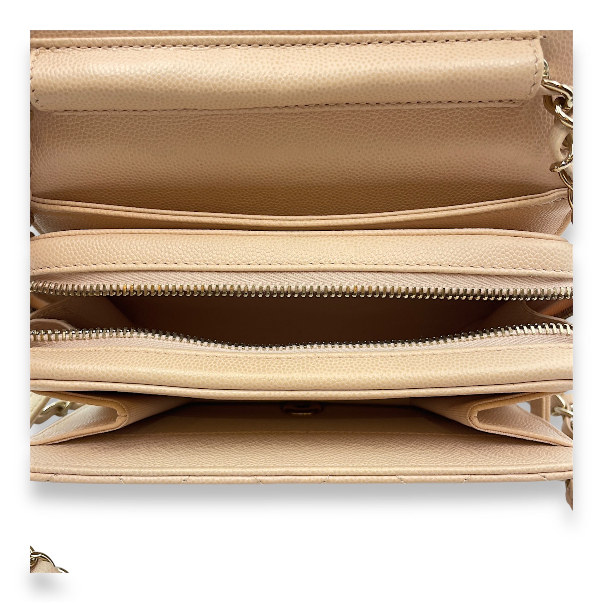 Quilted Mini Beige Crossbody Bag in Caviar Leather, Gold hardware