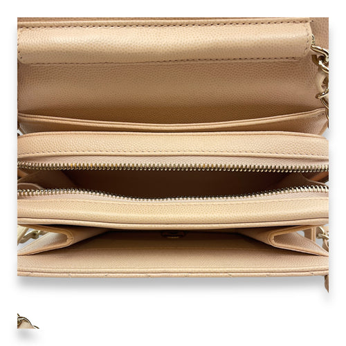 Quilted Mini Beige Crossbody Bag in Caviar Leather, Gold hardware