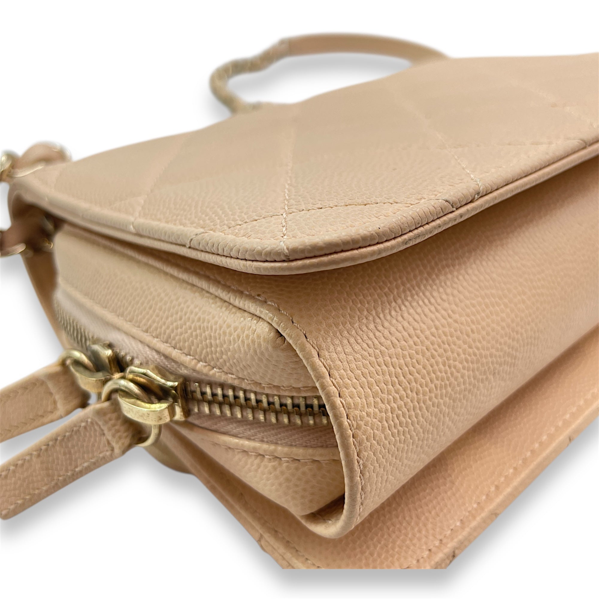 Quilted Mini Beige Crossbody Bag in Caviar Leather, Gold hardware
