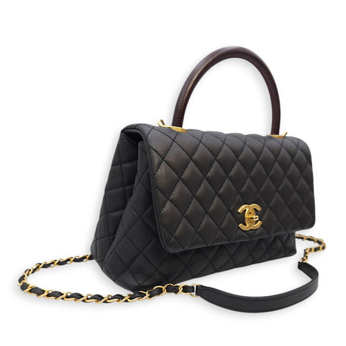 Coco Handle with Lizard Skin Large Black Shoulder Bag in Caviar Leather, Gold hardware