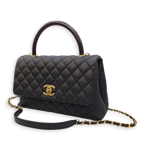 Coco Handle with Lizard Skin Large Black Shoulder Bag in Caviar Leather, Gold hardware